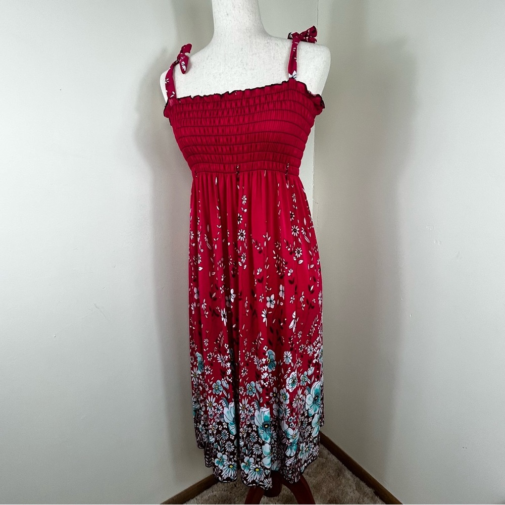FC Womens L-XL Smocked Floral Maxi Dress Pink Stretchy Spandex Lightweight